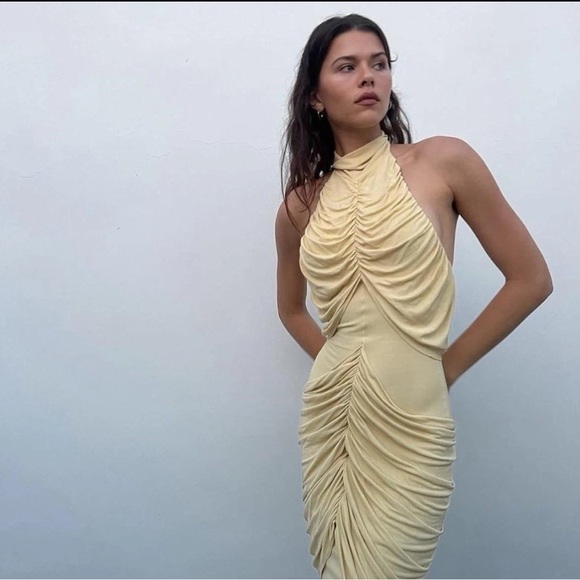 Paris Georgia Roxie Gathered Draped Halter Knit Maxi Dress Gown Butter Yellow M - Picture 6 of 16